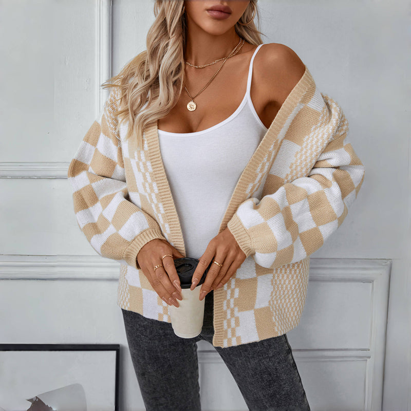 Casual Plaid Knitted Cardigan
