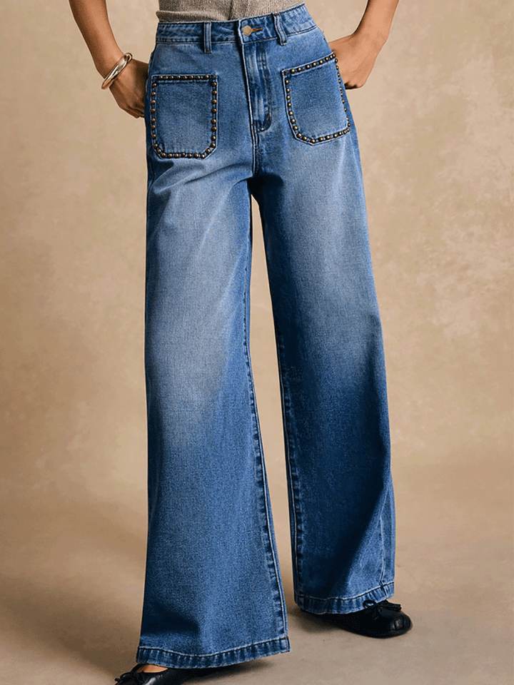 Fashion Rivet Pocket Wide Leg Washed Slim Straight Jeans