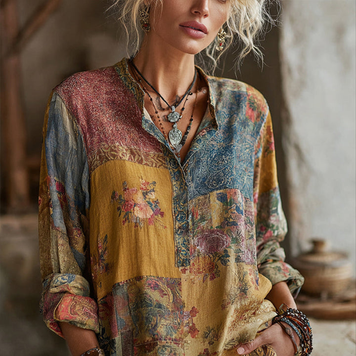 【Long Sleeve】Vintage Floral Print Blouse