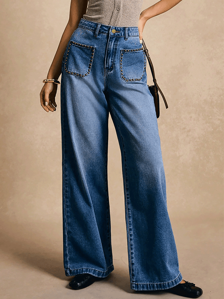Fashion Rivet Pocket Wide Leg Washed Slim Straight Jeans