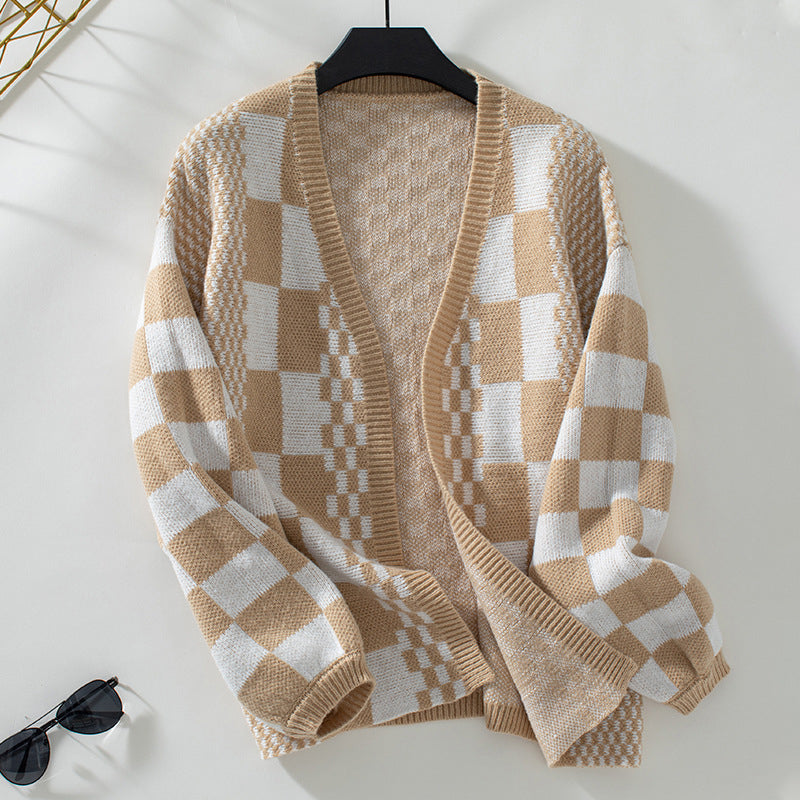 Casual Plaid Knitted Cardigan