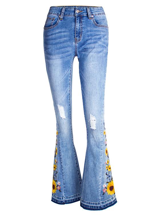 Handmade 3D Embroidered Floral Flare Jeans